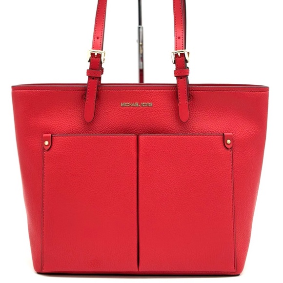 Michael Kors Jet Set Medium Pocket Tote Bag Red/Gold - Picture 2 of 10